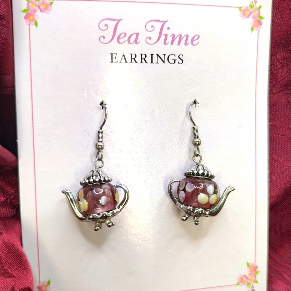 Ganz Quaint Tea Time Teapot Lantern Enamel Bead Earrings!